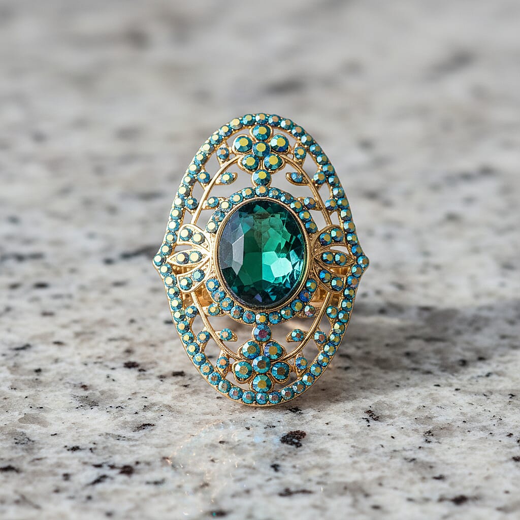 Blue Magic Color Glass & Blue Magic Color Crystal Vintage Cluster Adjustable Ring in Yellow Gold Tone