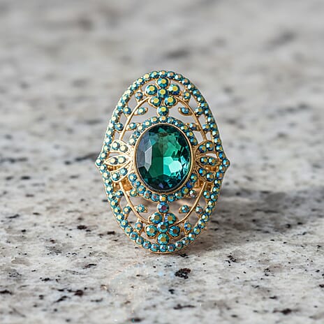 Blue Magic Color Glass & Blue Magic Color Crystal Vintage Cluster Adjustable Ring in Yellow Gold Tone