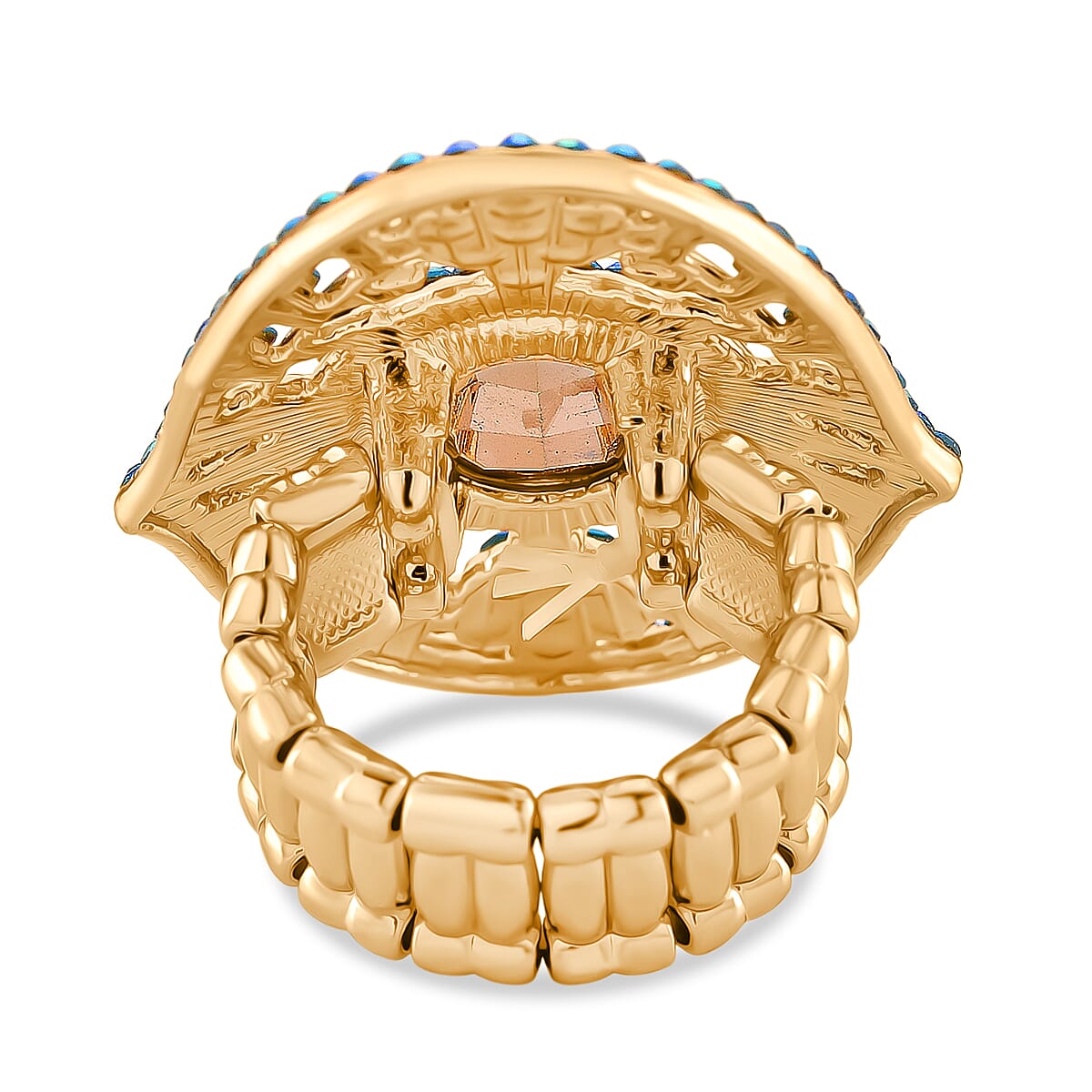 Blue Magic Color Glass & Blue Magic Color Crystal Vintage Cluster Adjustable Ring in Yellow Gold Tone