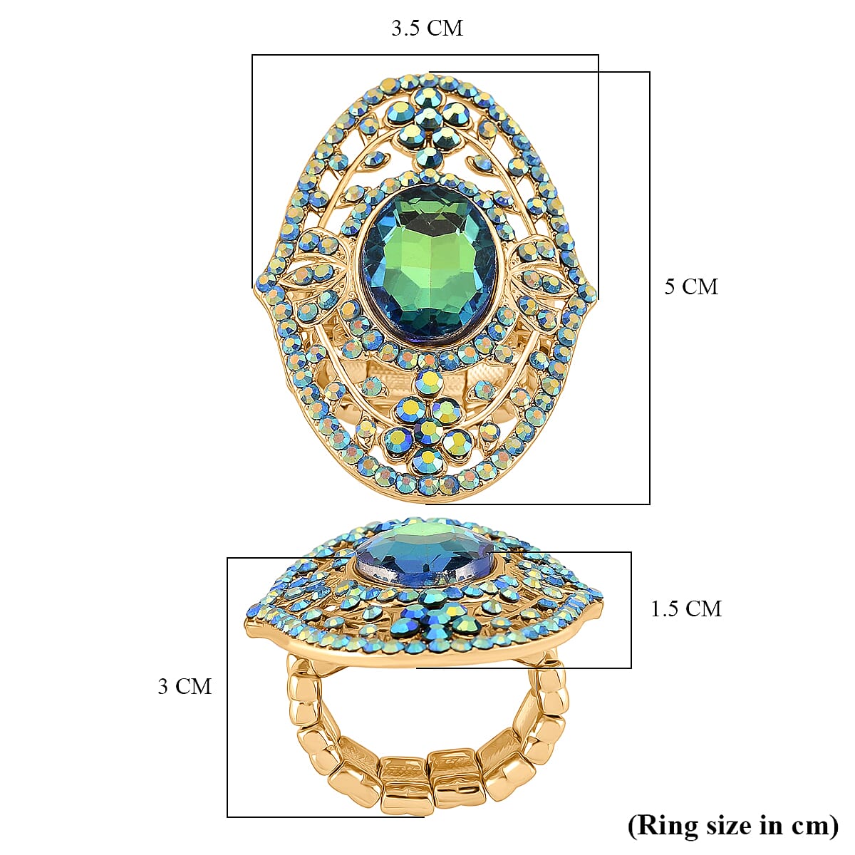 Blue Magic Color Glass & Blue Magic Color Crystal Vintage Cluster Adjustable Ring in Yellow Gold Tone