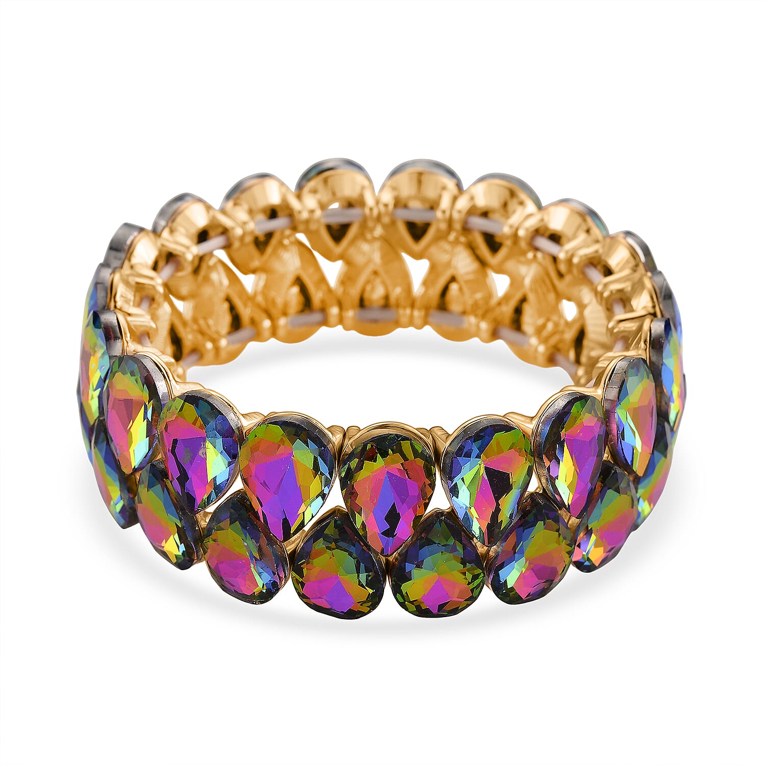 Magic Color Glass Pear Stretchable Bracelet (Size - 7) in Yellow Gold Tone