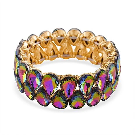 Magic Color Glass Pear Stretchable Bracelet (Size - 7) in Yellow Gold Tone