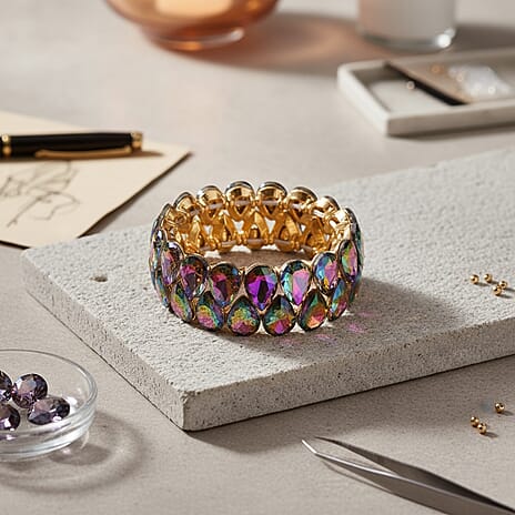 Magic Color Glass Pear Stretchable Bracelet (Size - 7) in Yellow Gold Tone