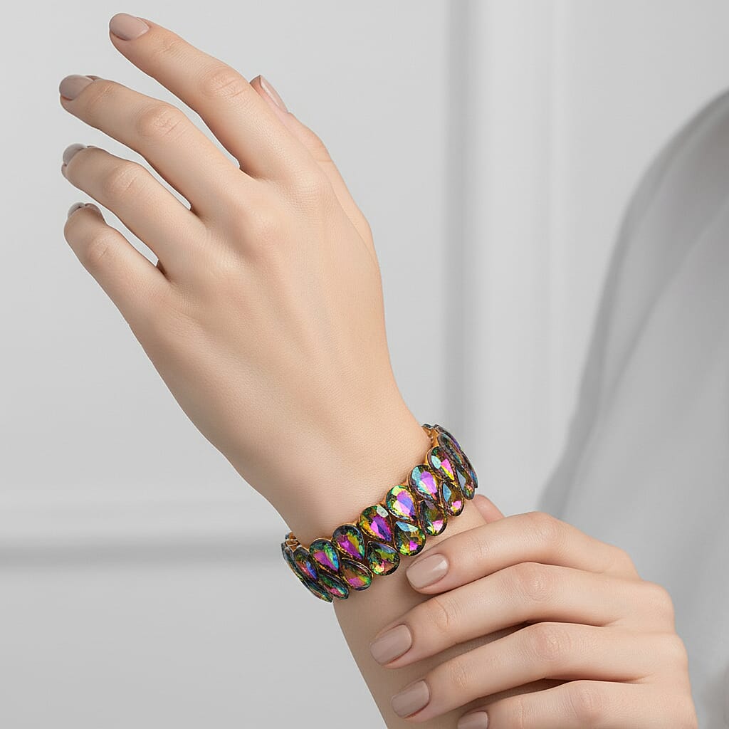 Magic Color Glass Pear Stretchable Bracelet (Size - 7) in Yellow Gold Tone