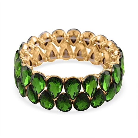 Green Glass Pear Stretchable Bracelet in Yellow Gold Tone
