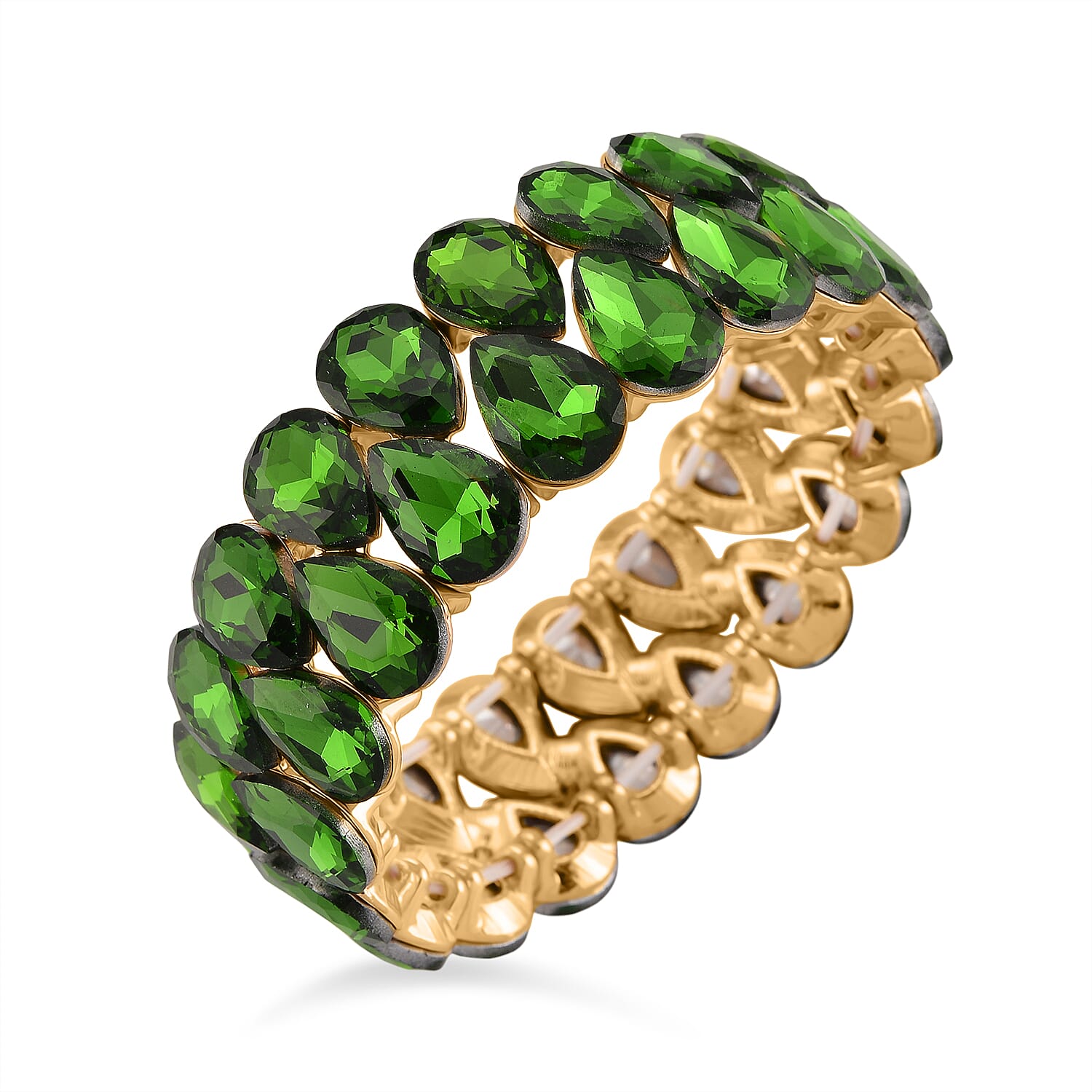 Green Glass Pear Stretchable Bracelet in Yellow Gold Tone