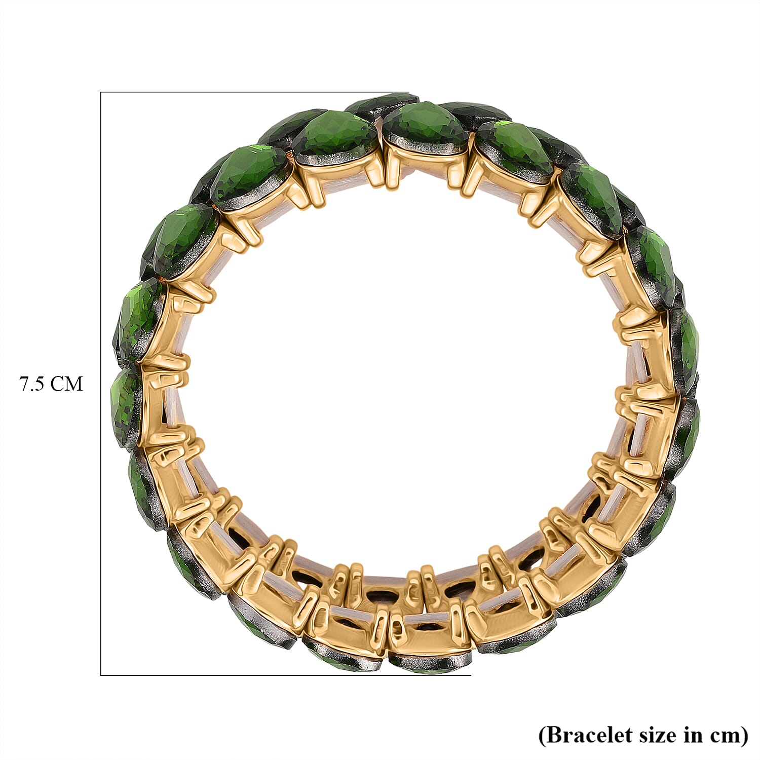 Green Glass Pear Stretchable Bracelet in Yellow Gold Tone