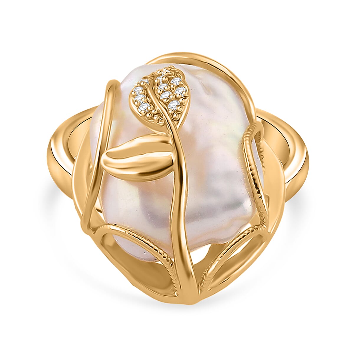 White Fresh Water Pearl & White Cubic Zirconia Adjustable Ring
