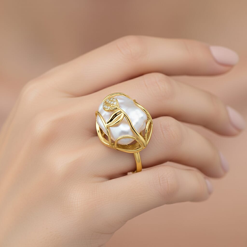 White Fresh Water Pearl & White Cubic Zirconia Adjustable Ring