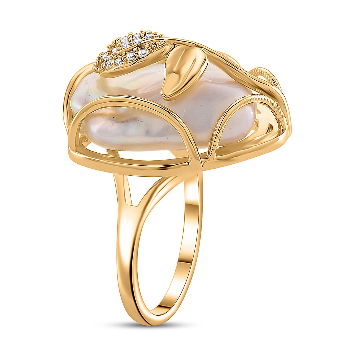 White Fresh Water Pearl & White Cubic Zirconia Adjustable Ring