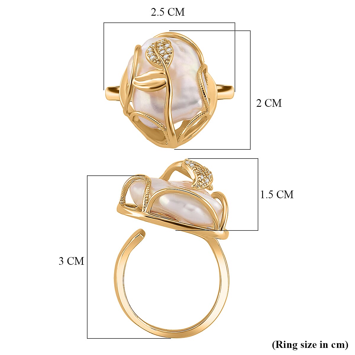 White Fresh Water Pearl & White Cubic Zirconia Adjustable Ring