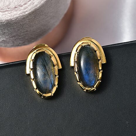 EverTrue Labradorite Solitaire Stud Push Post Earring in Yellow Gold Plated 7.56 Ct.