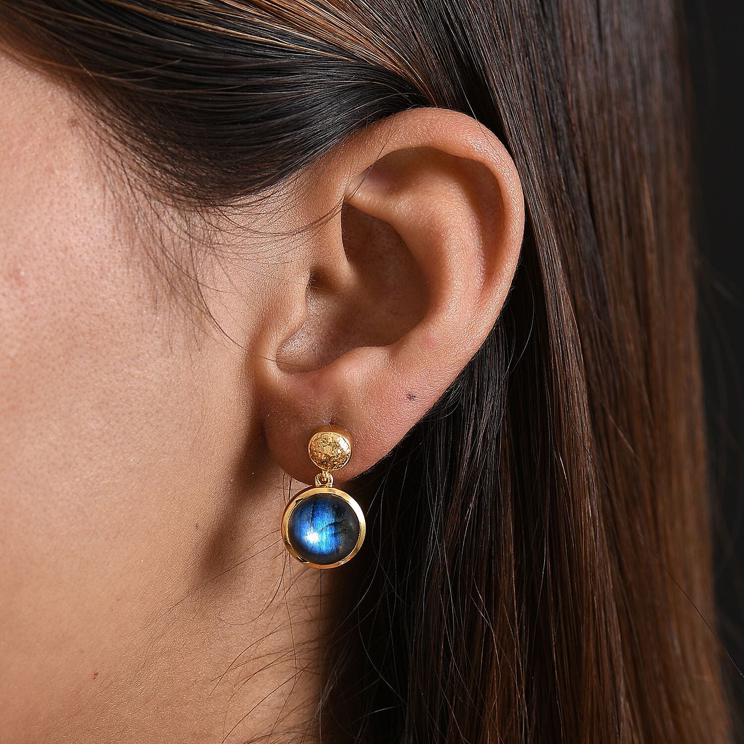 EverTrue Labradorite Solitaire Stud Push Post Earring in Yellow Gold Plated 8.35 Ct.