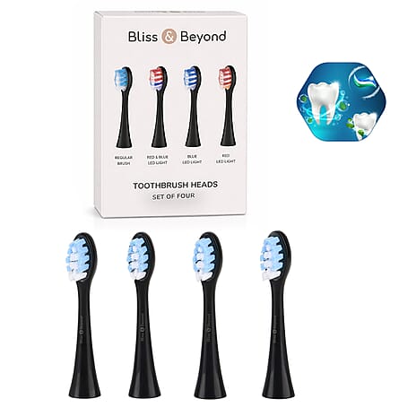 Bliss - Beyond 4-Pack Replacement Toothbrush Heads - Red, Blue, and Mixed LED Light-Therapy Plus Standard Cleaning Heads - Black