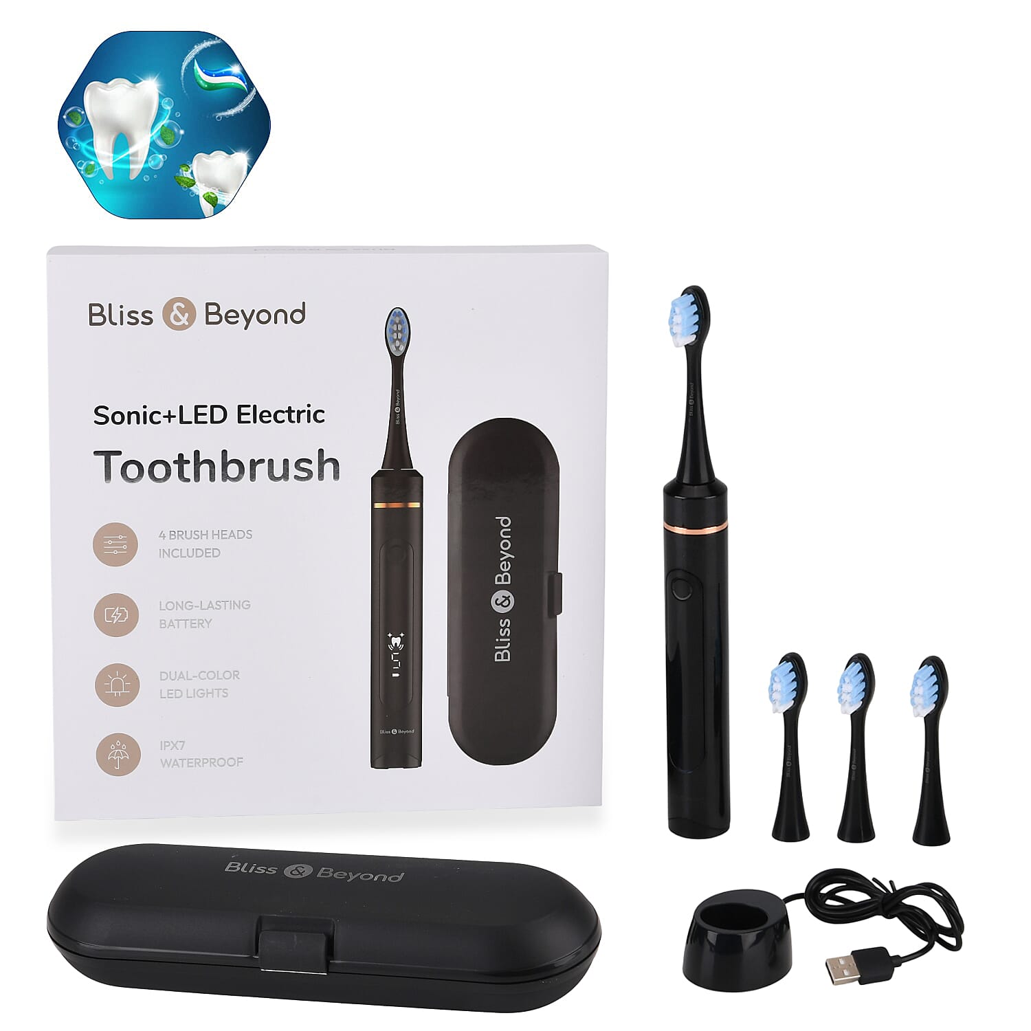 NEW LAUNCH Bliss - Beyond LED Electric Rechargeable Sonic Toothbrush with 4 Brush Heads, 5 Cleaning Modes - IPX7 Waterproof - Black