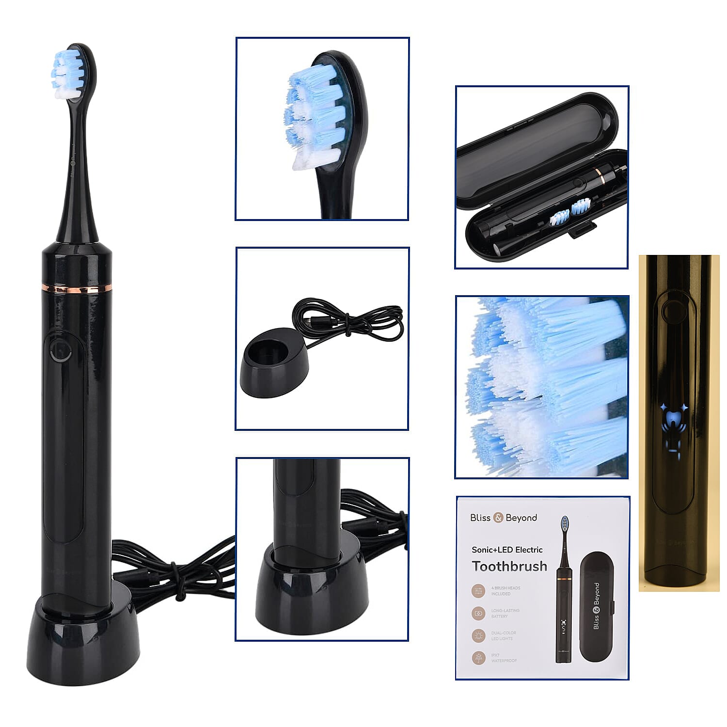 NEW LAUNCH Bliss - Beyond LED Electric Rechargeable Sonic Toothbrush with 4 Brush Heads, 5 Cleaning Modes - IPX7 Waterproof - Black