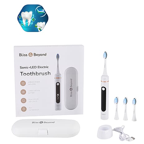NEW LAUNCH Bliss - Beyond LED Electric Rechargeable Sonic Toothbrush with 4 Brush Heads, 5 Cleaning Modes - IPX7 Waterproof  - White