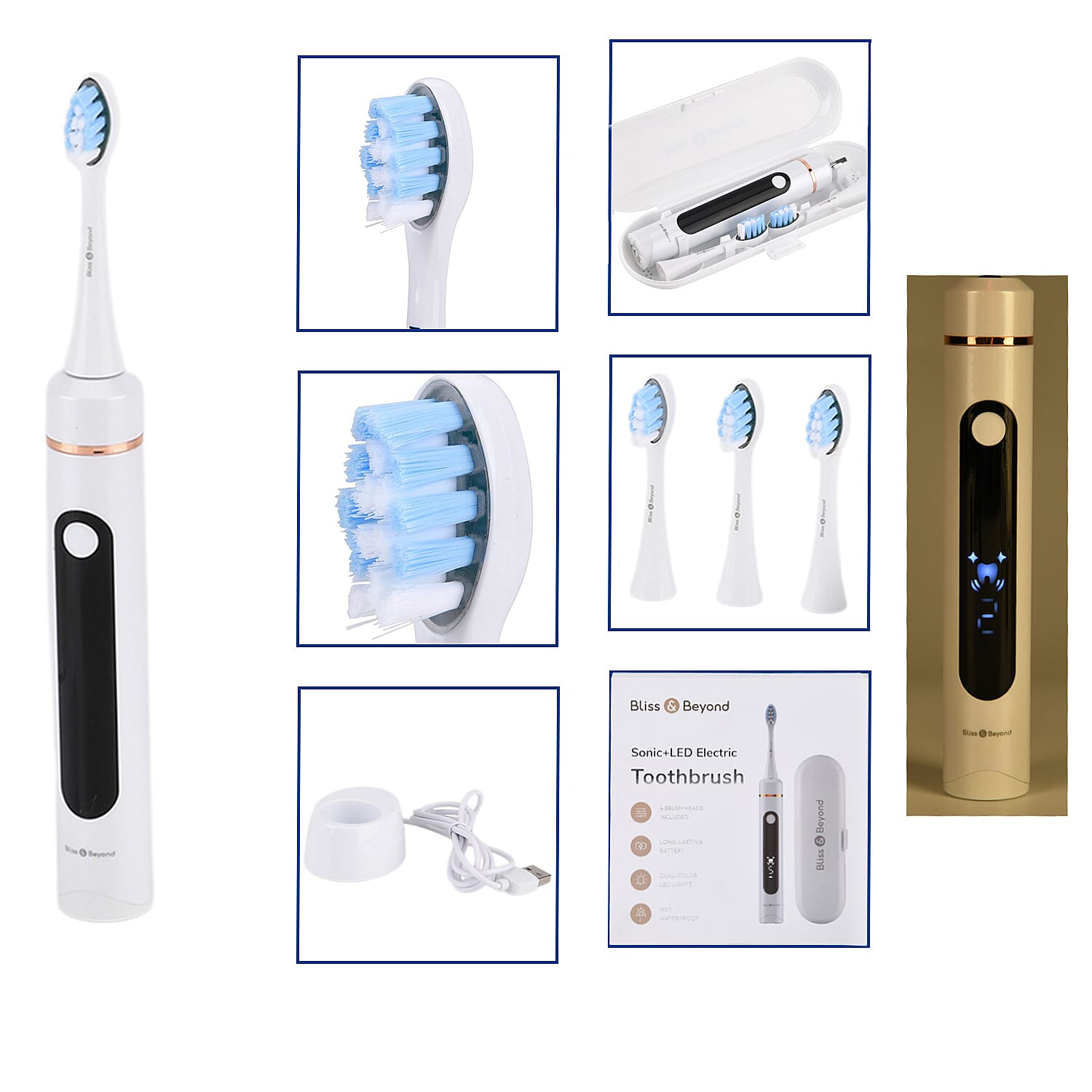 NEW LAUNCH Bliss - Beyond LED Electric Rechargeable Sonic Toothbrush with 4 Brush Heads, 5 Cleaning Modes - IPX7 Waterproof  - White