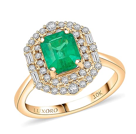 Luxoro 10K Yellow Gold AAA Zambian Emerald, White Diamond I2 Ring, Gold Wt.3.45 Gms  1.650  Ct.