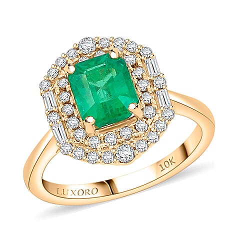 Luxoro 10K Yellow Gold AAA Zambian Emerald, White Diamond I2 Ring, Gold Wt.3.45 Gms  1.650  Ct.