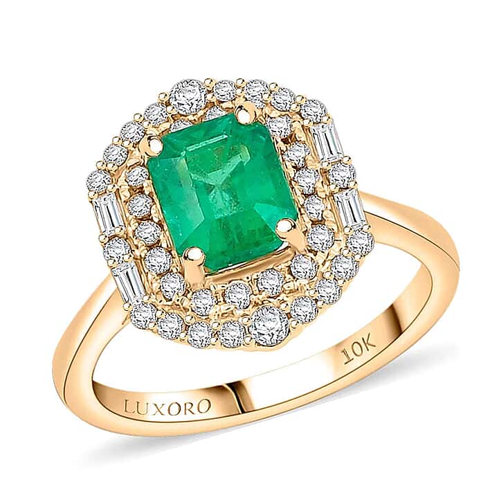 Certified & Appraised LUXORO 1.65 Ct. AAA Zambian Emerald, White Diamond Double Halo Ring in 10K Yellow Gold