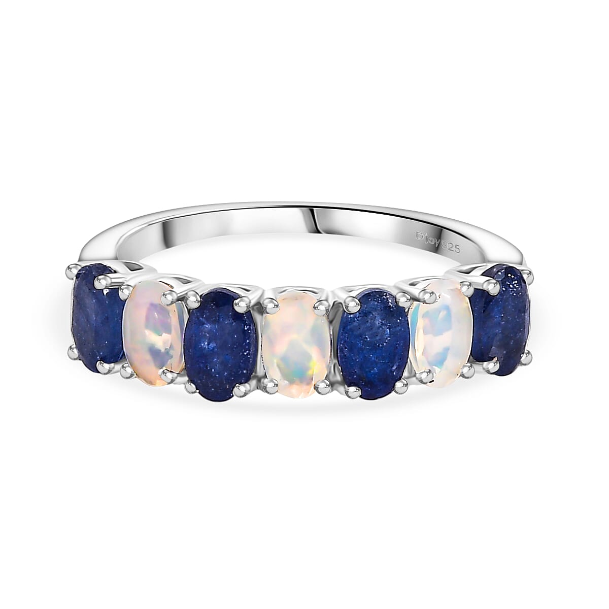 D'Joy Masoala Sapphire & Ethiopian Opal 7 Stone Look Ring in Rhodium Overlay Sterling Silver 1.95 Ct.