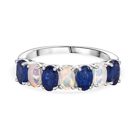 D'Joy Masoala Sapphire & Ethiopian Opal 7 Stone Look Ring in Rhodium Overlay Sterling Silver 1.95 Ct.