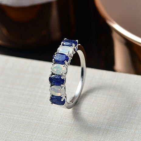 D'Joy Masoala Sapphire & Ethiopian Opal 7 Stone Look Ring in Rhodium Overlay Sterling Silver 1.95 Ct.