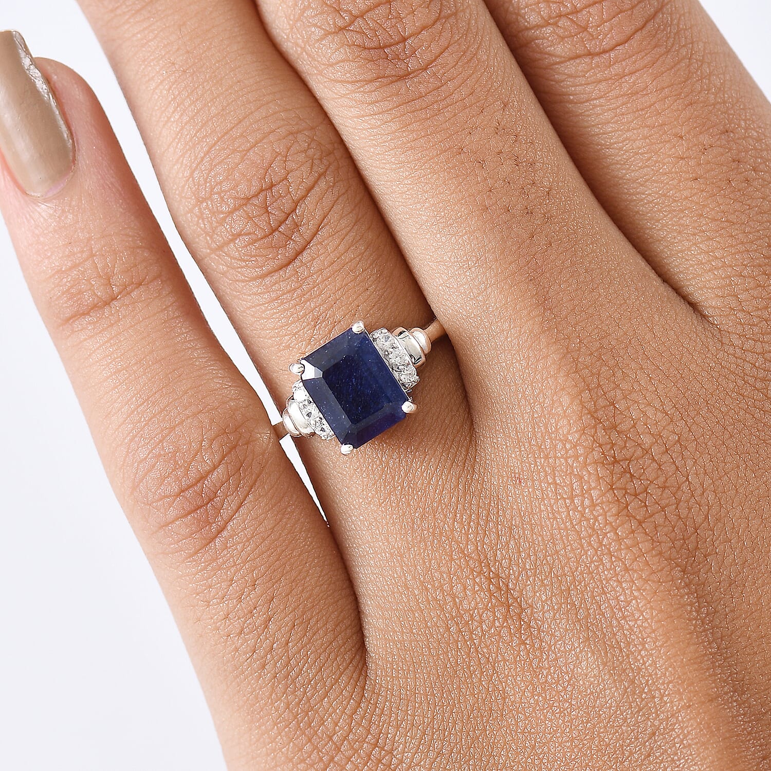 D'Joy Masoala Sapphire & White Zircon Ring in Rhodium Overlay Sterling Silver 3.72 Ct.