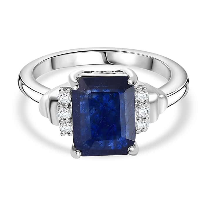 D'Joy Masoala Sapphire & White Zircon Ring in Rhodium Overlay Sterling Silver 3.72 Ct.