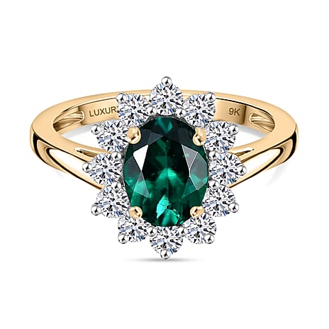 Luxuriant 9K Yellow Gold AAA Lab Grown Emerald & Lab Grown Diamond (VS-EF) Ring 1.72 Ct.