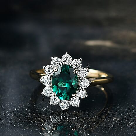 Luxuriant 9K Yellow Gold AAA Lab Grown Emerald & Lab Grown Diamond (VS-EF) Ring 1.72 Ct.