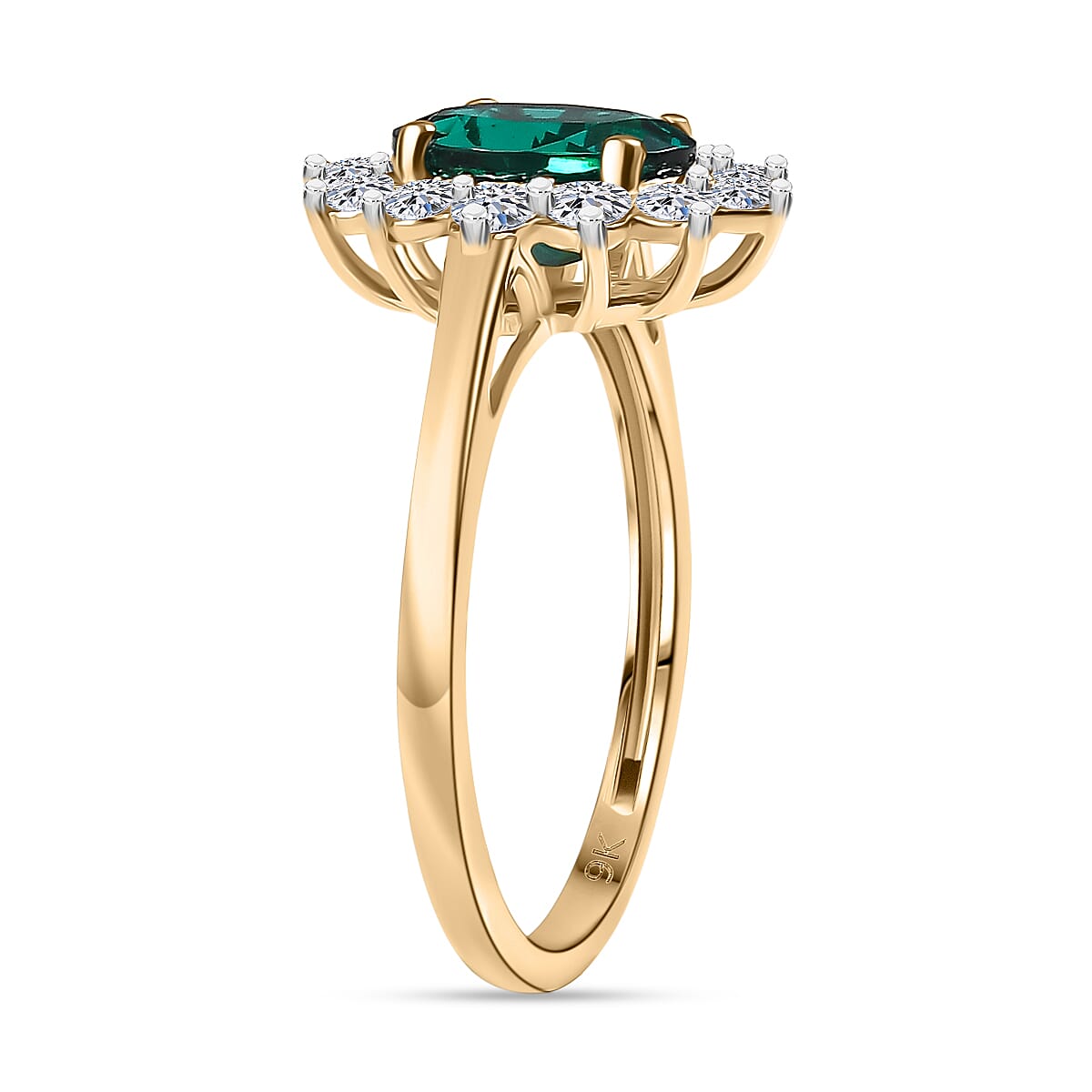 Luxuriant 9K Yellow Gold AAA Lab Grown Emerald & Lab Grown Diamond (VS-EF) Ring 1.72 Ct.
