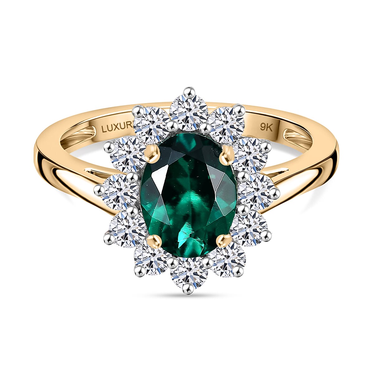 LUXURIANT 1.72 Ct. AAA Lab Grown Emerald, Lab Grown Diamond Halo Ring in 9K Yellow Gold (VS-EF)