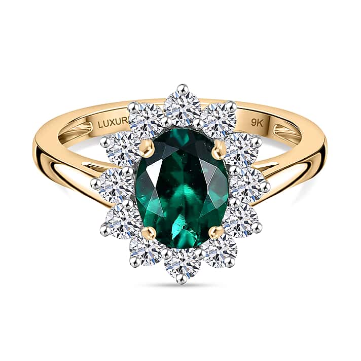 LUXURIANT 1.72 Ct. AAA Lab Grown Emerald, Lab Grown Diamond Halo Ring in 9K Yellow Gold (VS-EF)