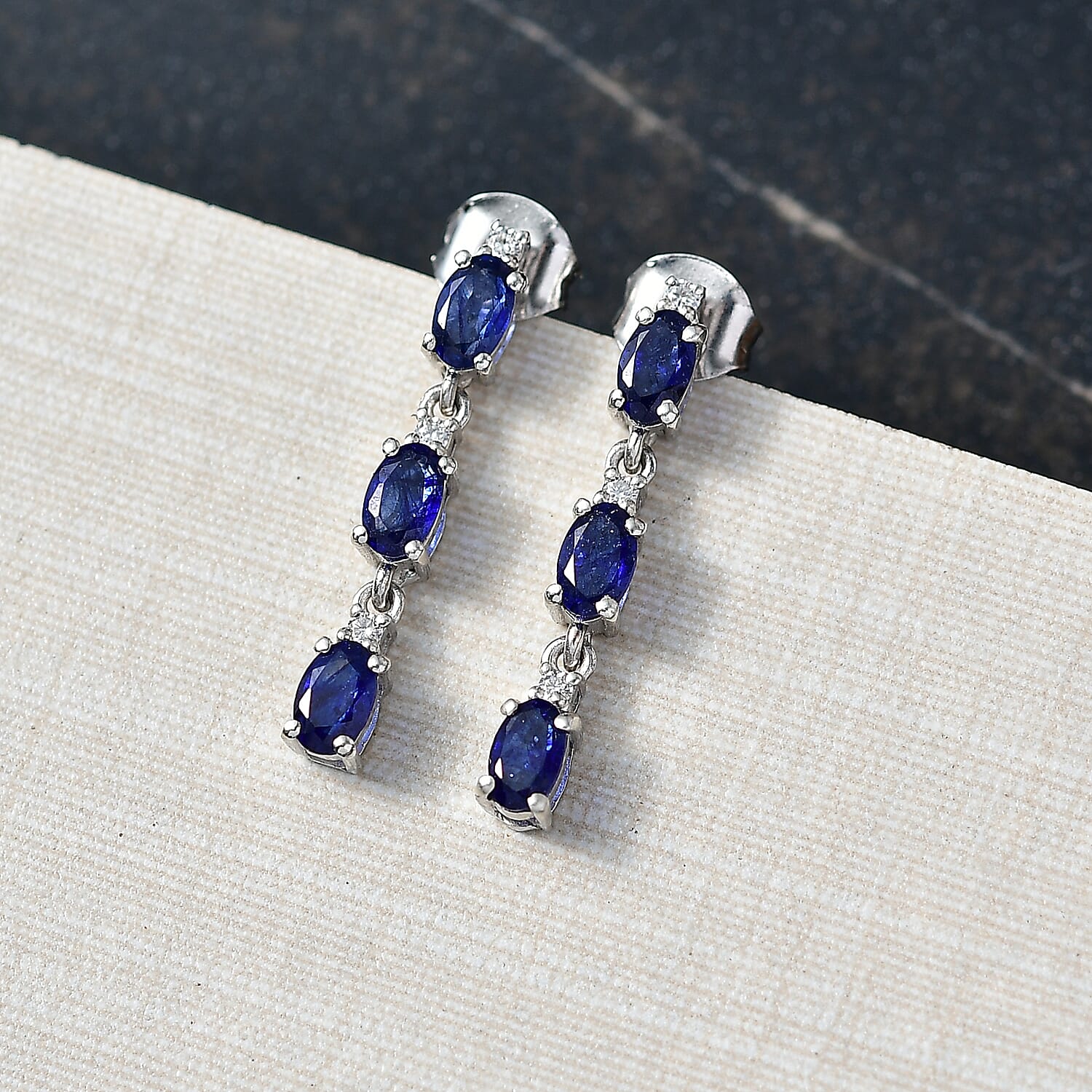 D'Joy Masoala Sapphire & Moissanite Dangling Earring in Rhodium Overlay Sterling Silver 2.16 Ct.