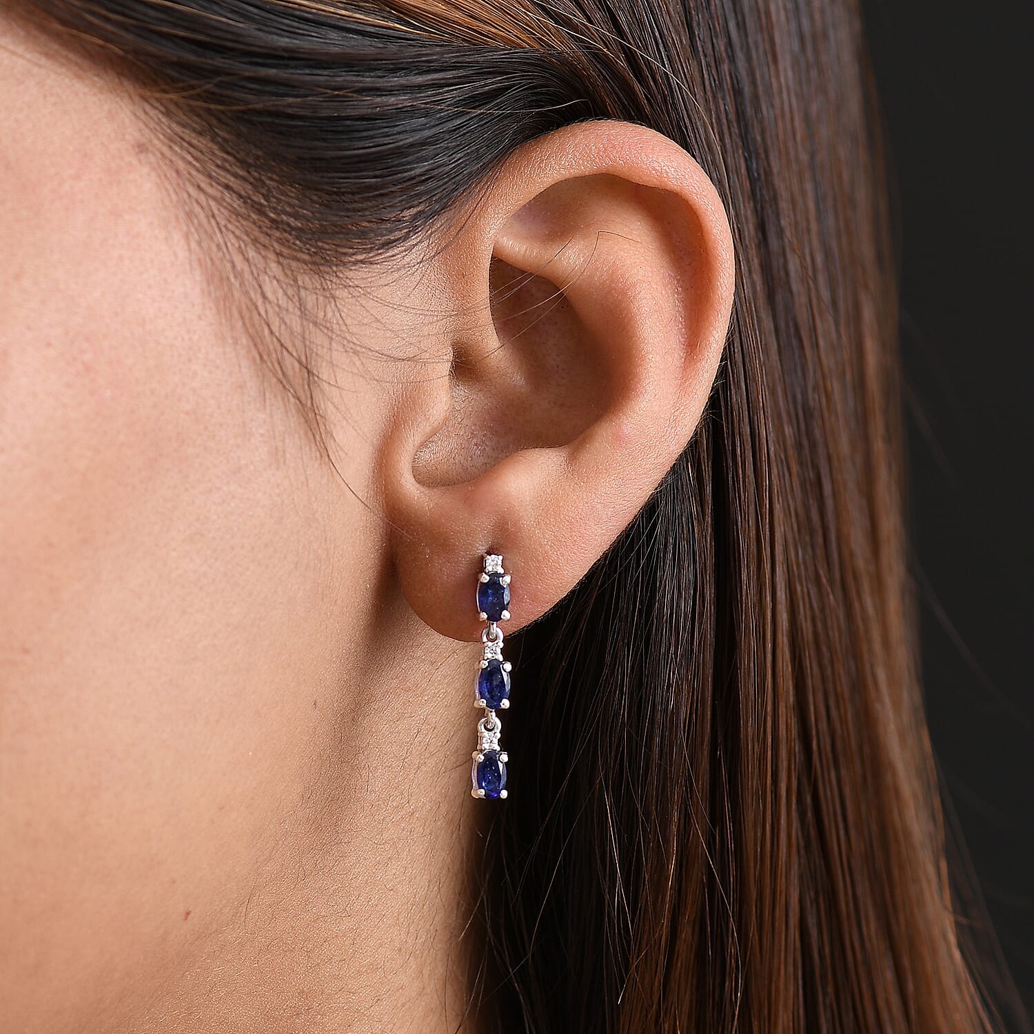 D'Joy Masoala Sapphire & Moissanite Dangling Earring in Rhodium Overlay Sterling Silver 2.16 Ct.
