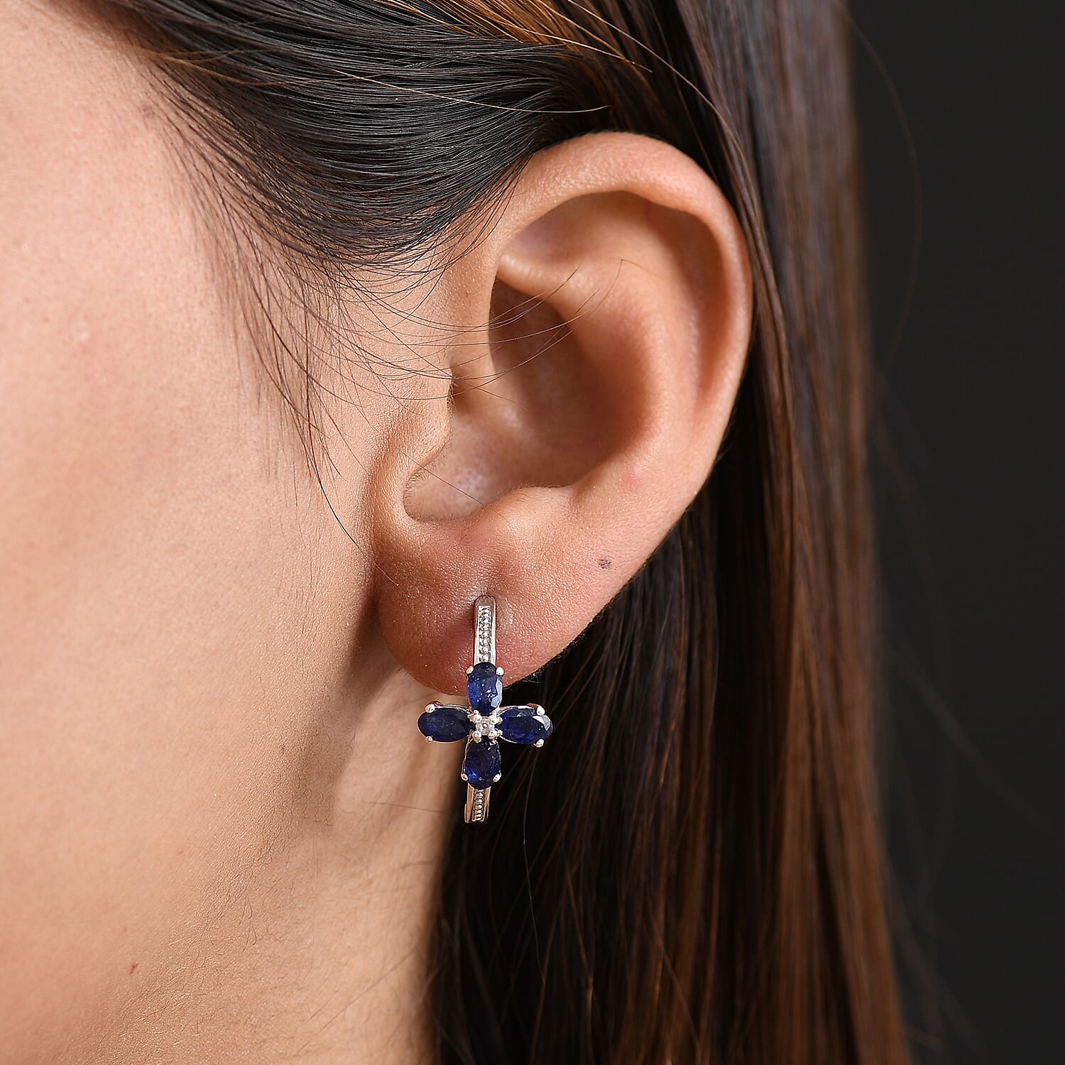 D'Joy Masoala Sapphire & White Zircon Full Hoop Earring in Rhodium Overlay Sterling Silver 3.11 Ct.