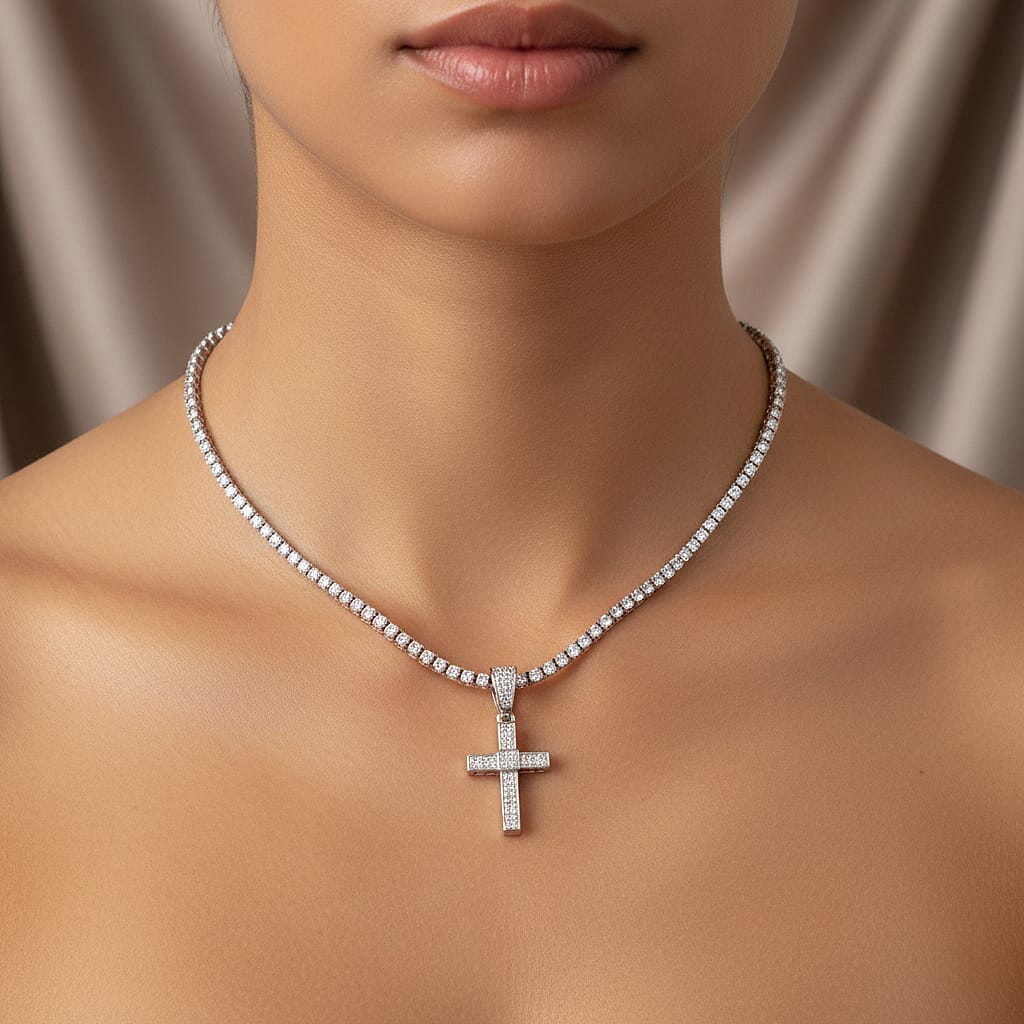 White Cubic Zirconia Cross Pendant with Chain (Size - 20) 20.00 Ct.