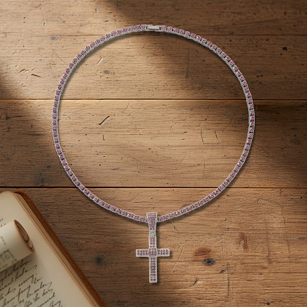 Pink Cubic Zirconia Cross Pendant with Chain (Size - 20) 20.00 Ct.