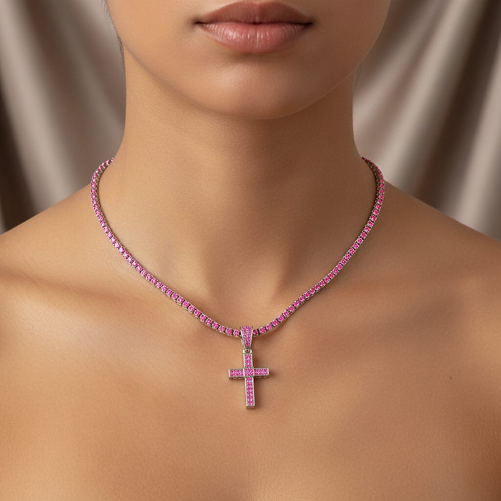 Pink Cubic Zirconia Cross Pendant with Chain (Size - 20) 20.00 Ct.