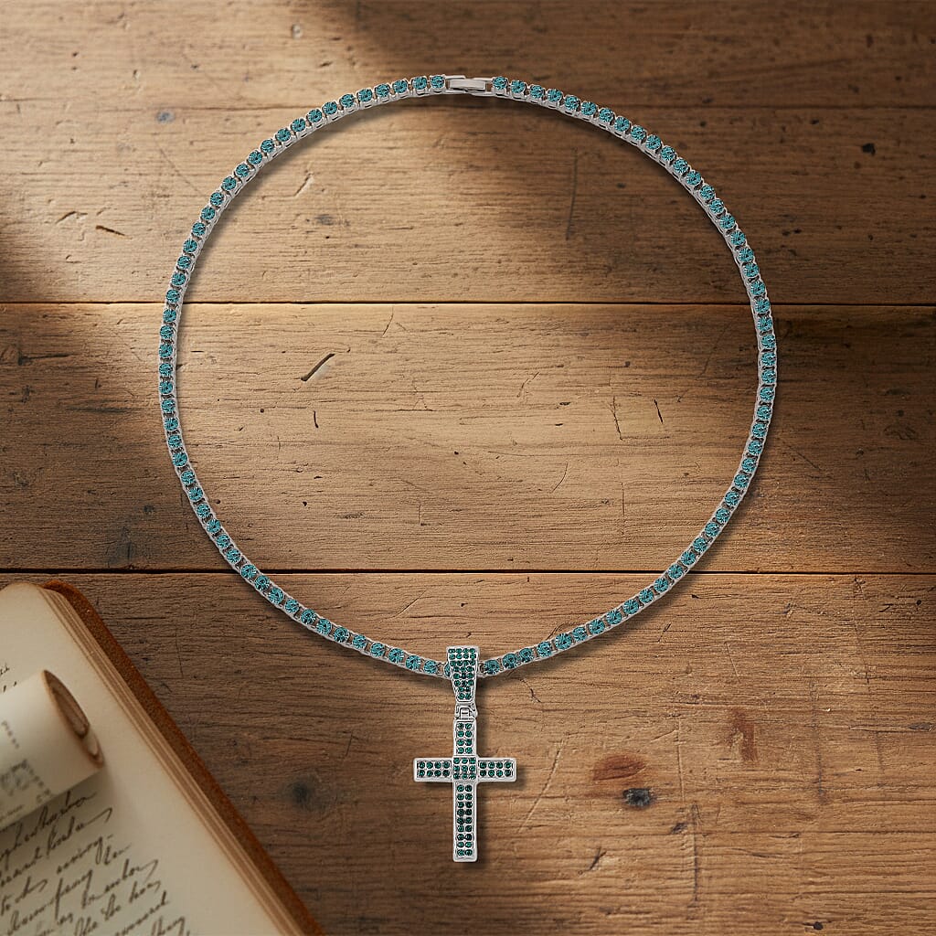 Austrian Green Crystal Cross Pendant with Chain (Size - 20)