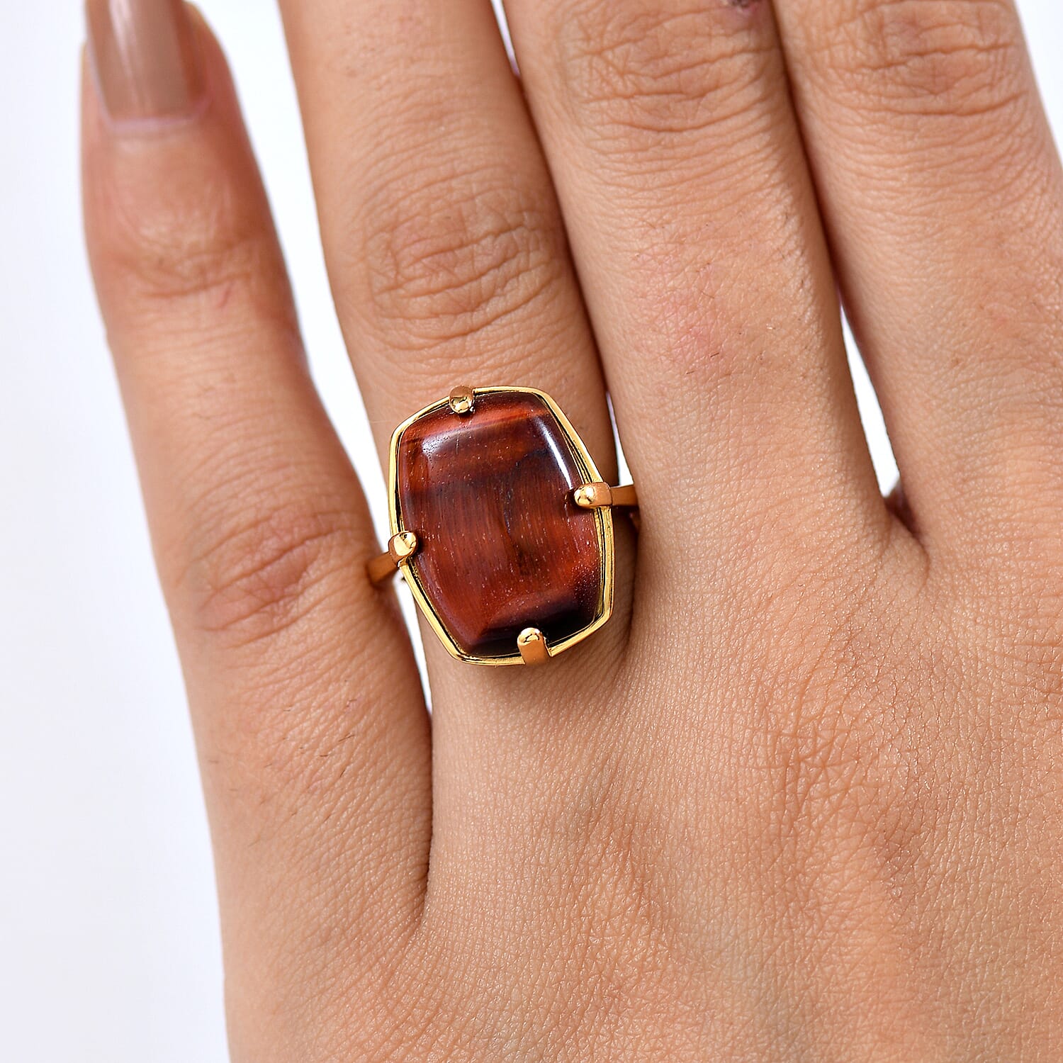 EverTrue Red Tiger Eye Solitaire Ring in Yellow Gold Plated 14.58 Ct.