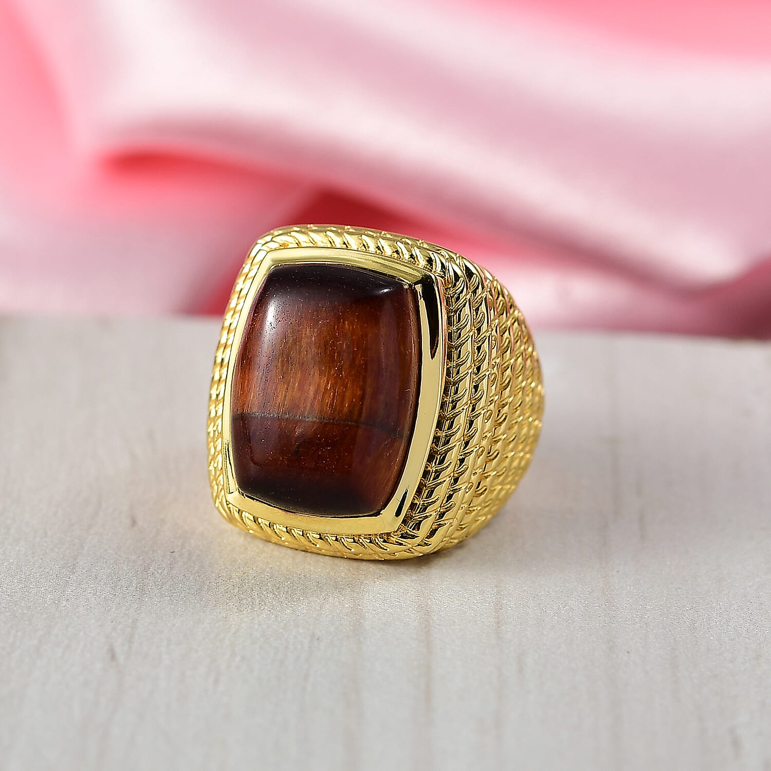 EverTrue Red Tiger Eye Solitaire Ring in Yellow Gold Plated 11.79 Ct.
