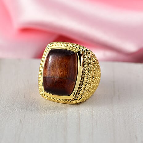 EverTrue Red Tiger Eye Solitaire Ring in Yellow Gold Plated 11.79 Ct.