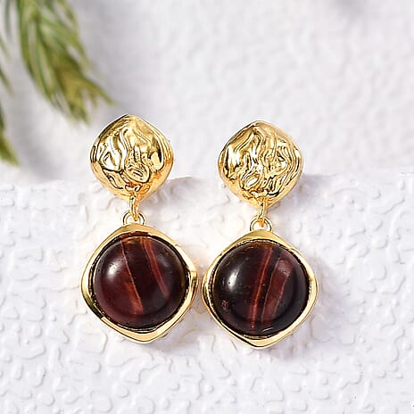 EverTrue Red Tiger Eye Dangling Earring with Push Back in Yellow Gold Plated 5.06 Ct.