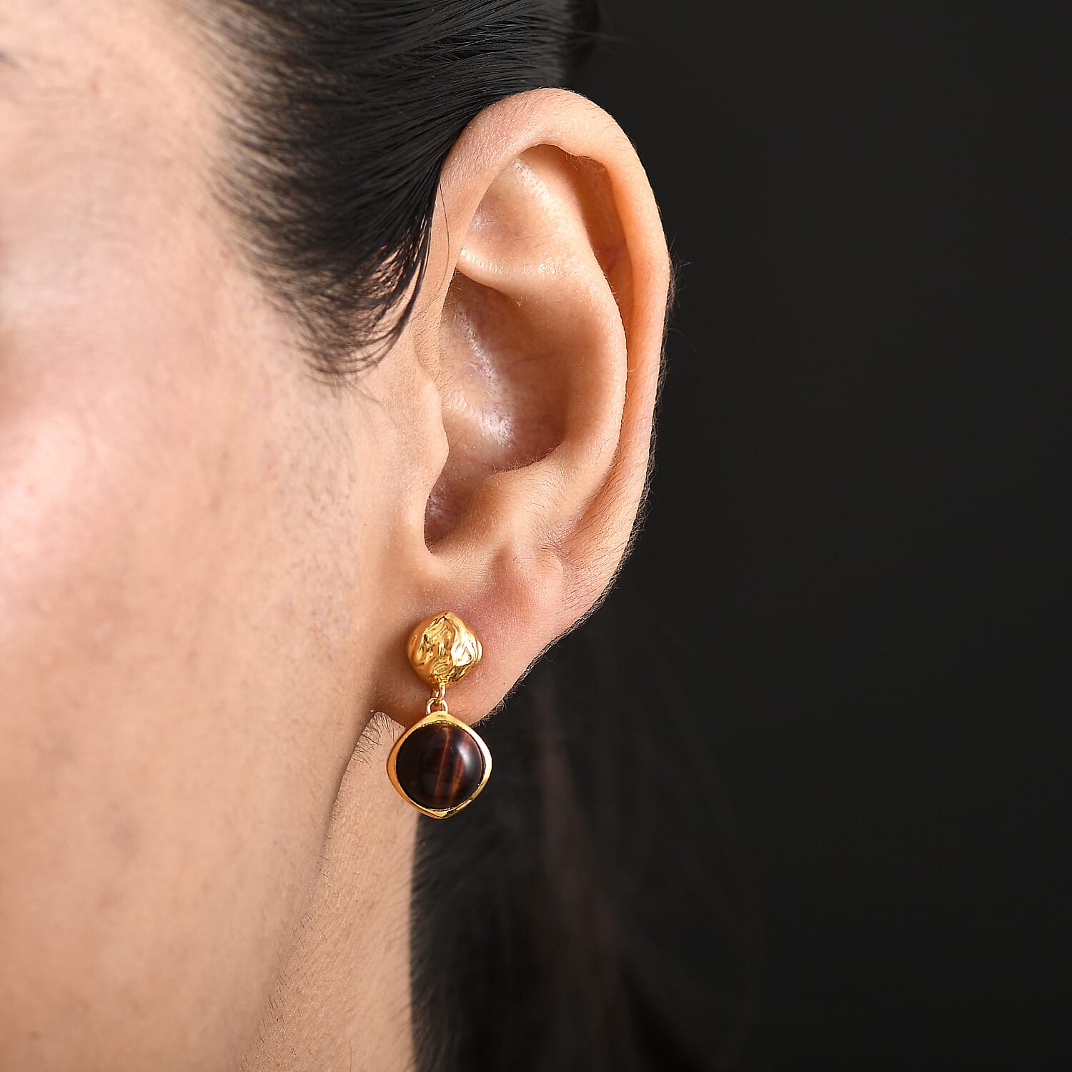 EverTrue Red Tiger Eye Dangling Earring with Push Back in Yellow Gold Plated 5.06 Ct.