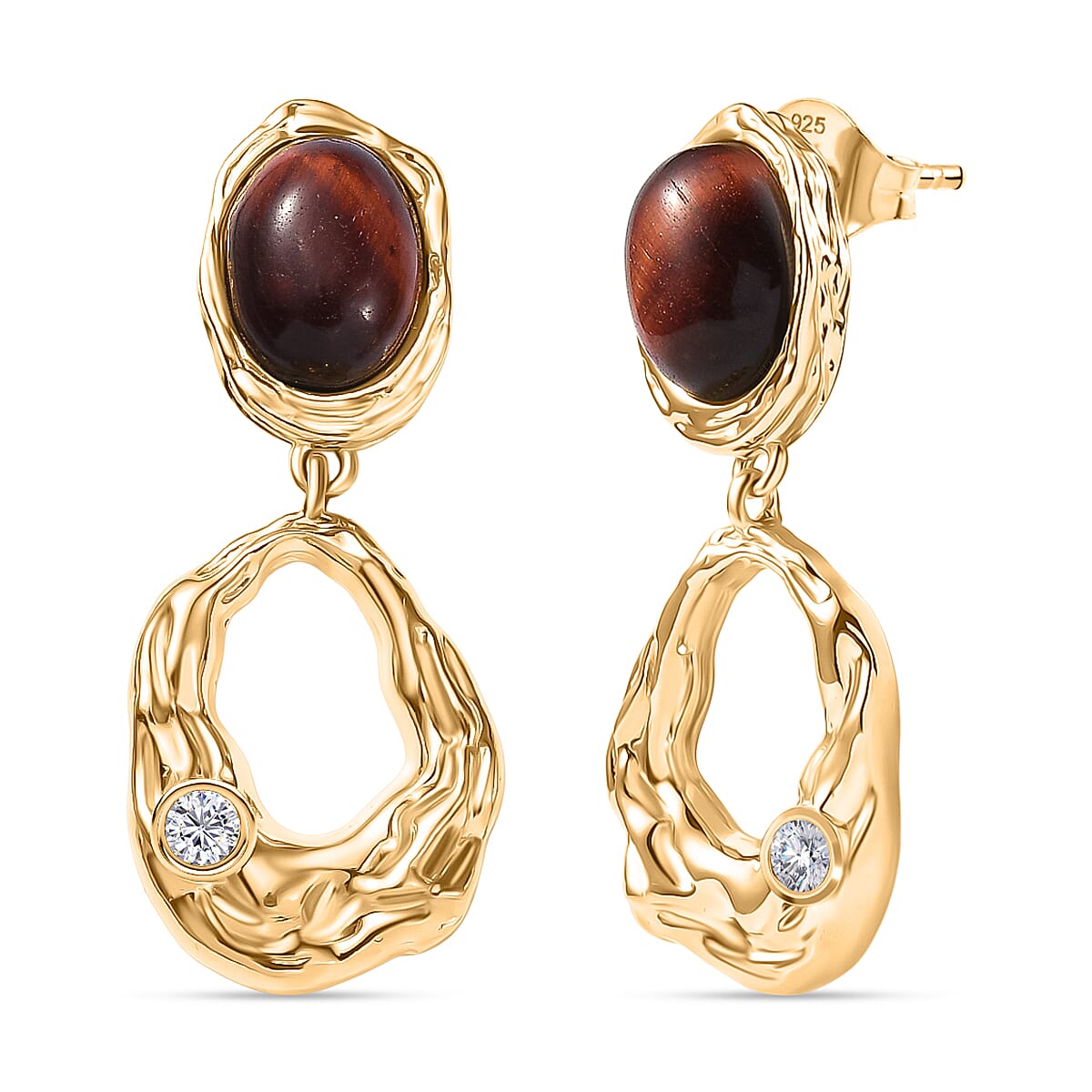EverTrue Red Tiger Eye & White Zircon Dangling Earring with Push Back in Yellow Gold Plated 4.90 Ct.