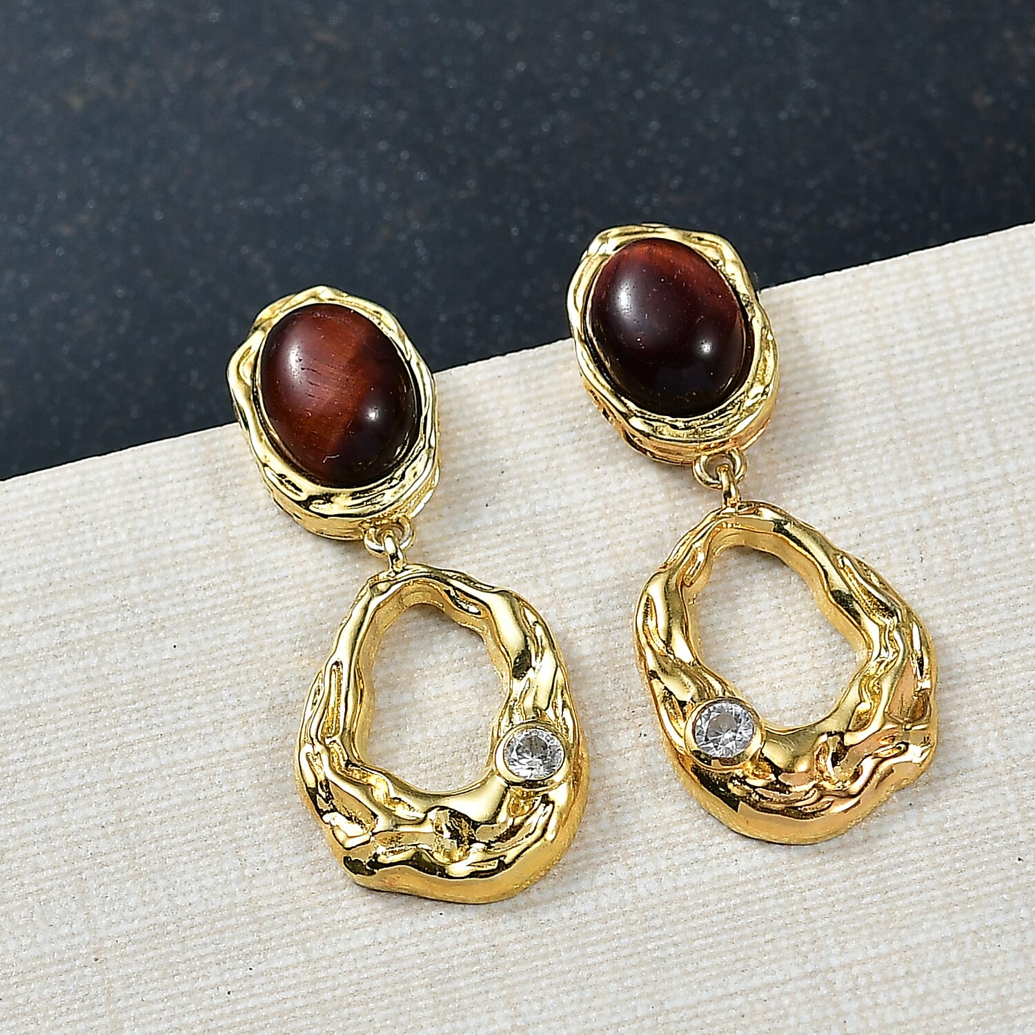 EverTrue Red Tiger Eye & White Zircon Dangling Earring with Push Back in Yellow Gold Plated 4.90 Ct.