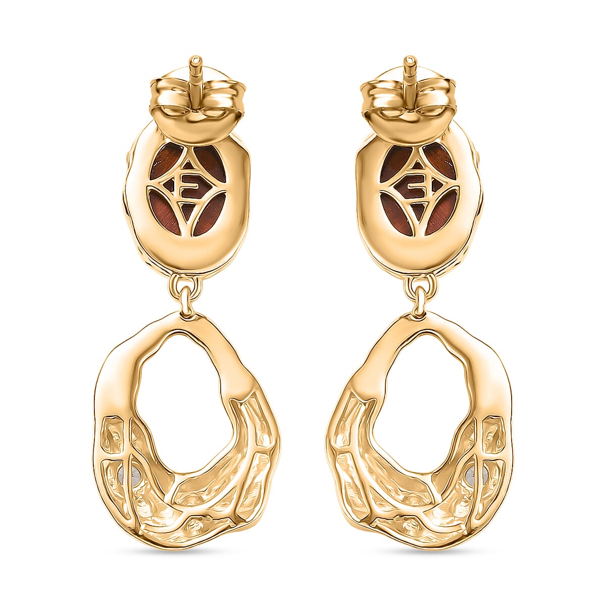 EverTrue Red Tiger Eye & White Zircon Dangling Earring with Push Back in Yellow Gold Plated 4.90 Ct.